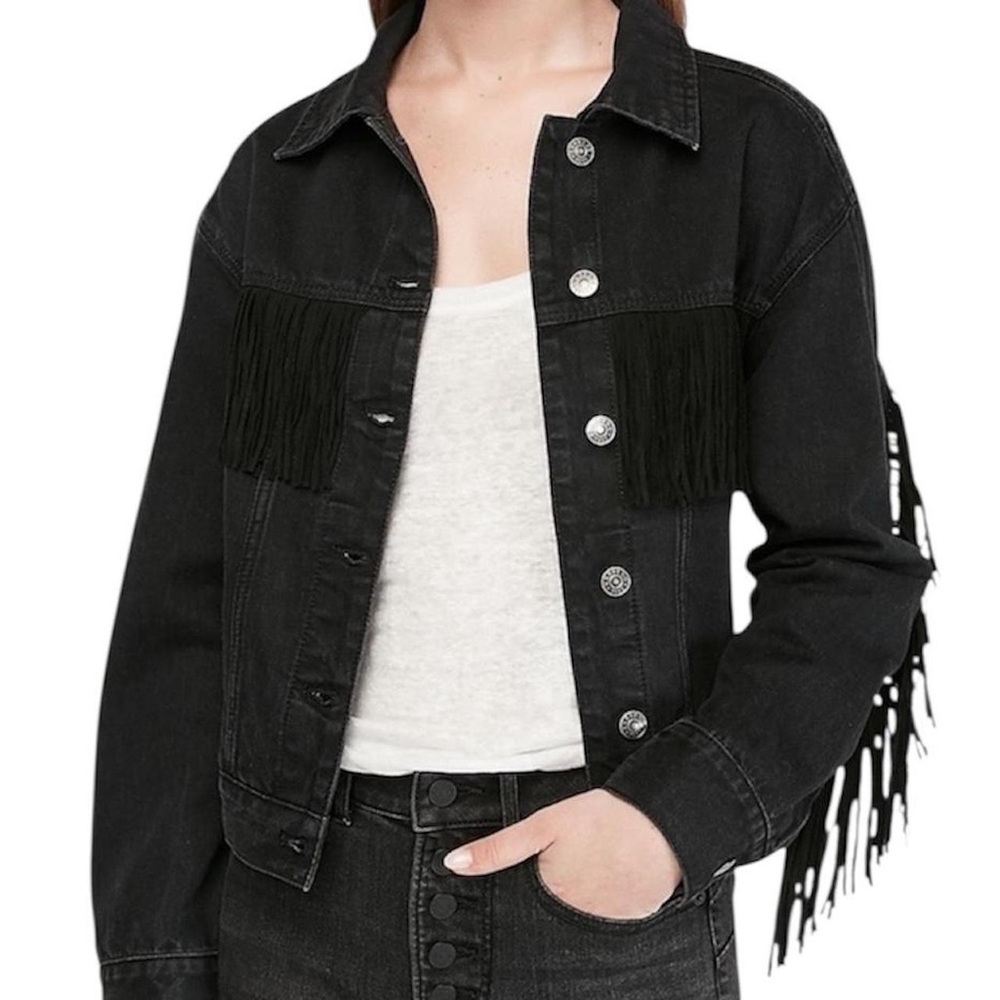 EXPRESS FRINGE BUTTON UP DENIM JACKET IN BLACK SIZE SMALL